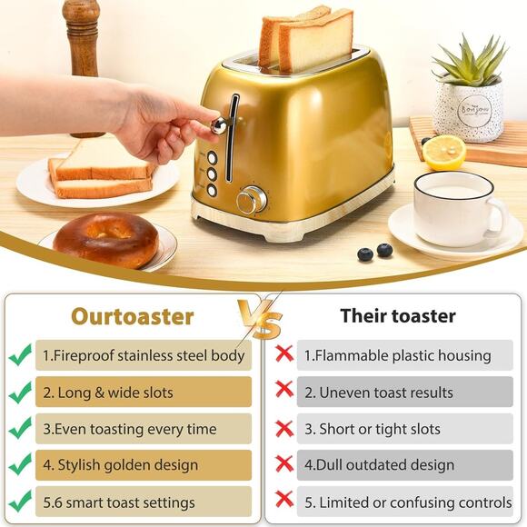 Gold 2 Slice Toaster, Wide Slot Stainless Steel, 6 Shade Settings, Bagel, Defros - Picture 5 of 7